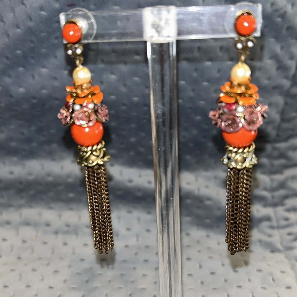 Heirloom Red Rose Tassel Antiqued Gold Earrings,Boutique-NWT